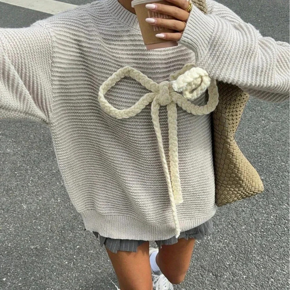 Apricot Casual Women's Oversized Bow Sweater Long Sleeve Plush Sweater - Picture 3 of 5